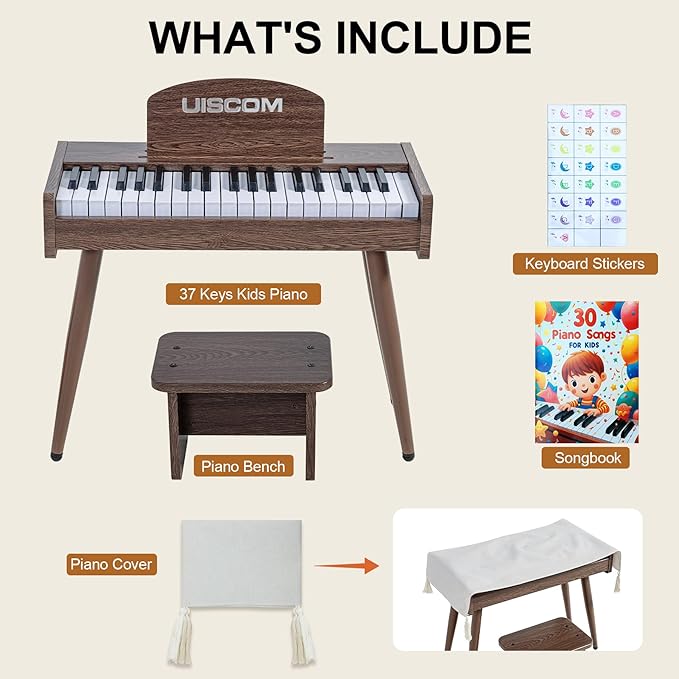 Kids Keyboard Piano, 37 Keys Digital Piano, Toddler Musical Instruments, Wooden Kids Piano with Bench, Toddler Piano for 3+ Girls and Boys, Walnut