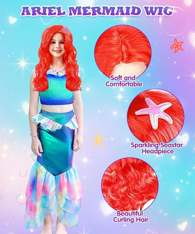 Mermaid Costume Dress, Mermaid Princess Dress for Girls with Wig Headband Necklace for Birthday Party Cosplay