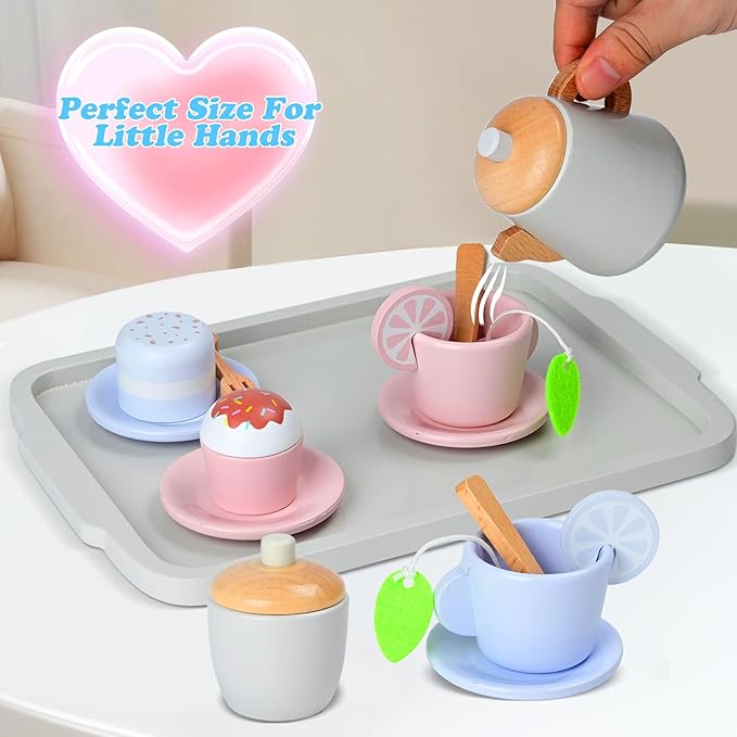 Two Color Design Toy Tea Party Set for Toddler Girls, Wooden Toy Tea Set, Toddler Play Food for 3-5-7 Years Girls and Boys…