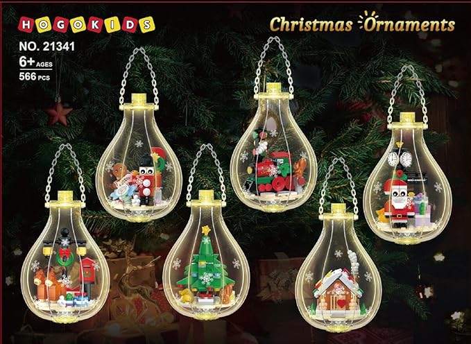 HOGOKIDS Christmas Building Sets with Lights - 6 Pack Christmas Tree Ornaments Santa Claus Gingerbread House Nutcracker Elk Building Toys Festival Decor Gifts for Adult Kids Boy Girl 6-12 Year(566PCS)