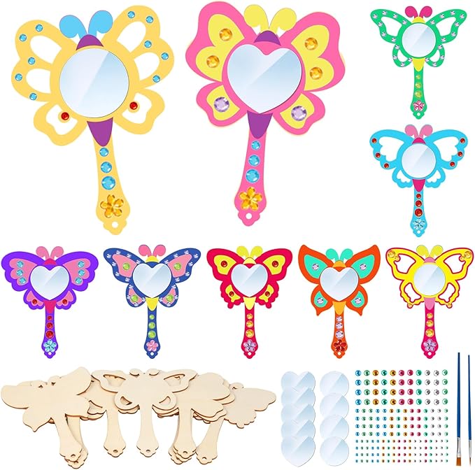 Fennoral 9 Pack Wooden Mirror Craft for Kids Decorate You Own Butterfly Mirrors for Girls DIY Paint Wooden Hand Mirror Butterfly Craft for Art Activities Birthday Gifts