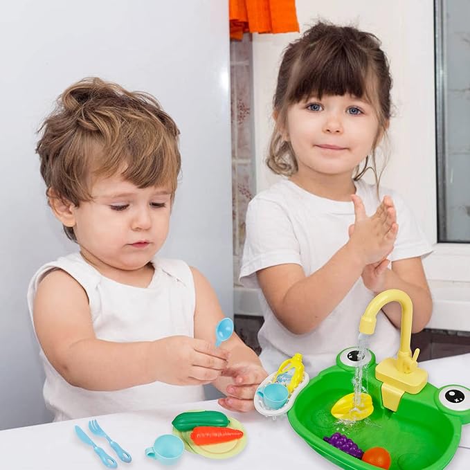 Ruibytree Play Kitchen Sink Toy, Water Toys for Kids with Electronic Dishwasher, Pretend Play Utensils Accessories and Play Cutting Food for Boys and Girls (Cute Frog)