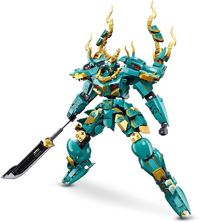 Mech Robot Building Blocks Set for Adults, Cool Green Dragon Warrior Model Kit with Long Spear Toy Playset, 704 pcs Collectible Mythical Ninja Gifts for Teens Boys Ages 12+