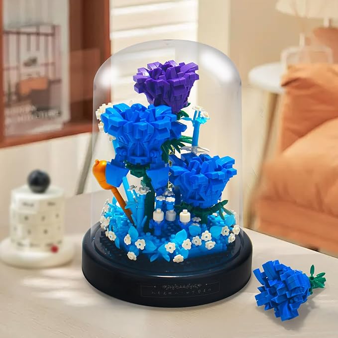 Topdear Flower Bouquets Building Sets with LED String Light and Dust Cover, 630 Pcs Blue Rose Bouquet Building Block Gifts for Mothers Day, Valentines Day, Birthday, Anniversary, Christmas