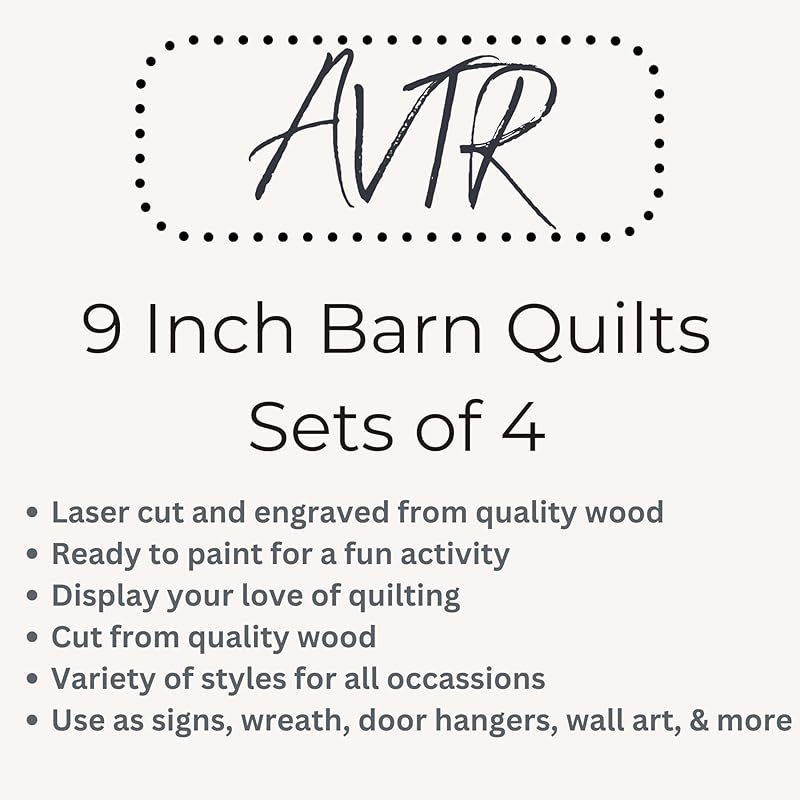 Set of Four 9 Inch Barn Quilt Kit DIY Pattern Unfinished Wood Quilting Block Sign Paintable Crafts for Women, Children, Men, Party (Butterfly, Patchwork Star, Dresden Flower, Starburst) AVTRBoutique