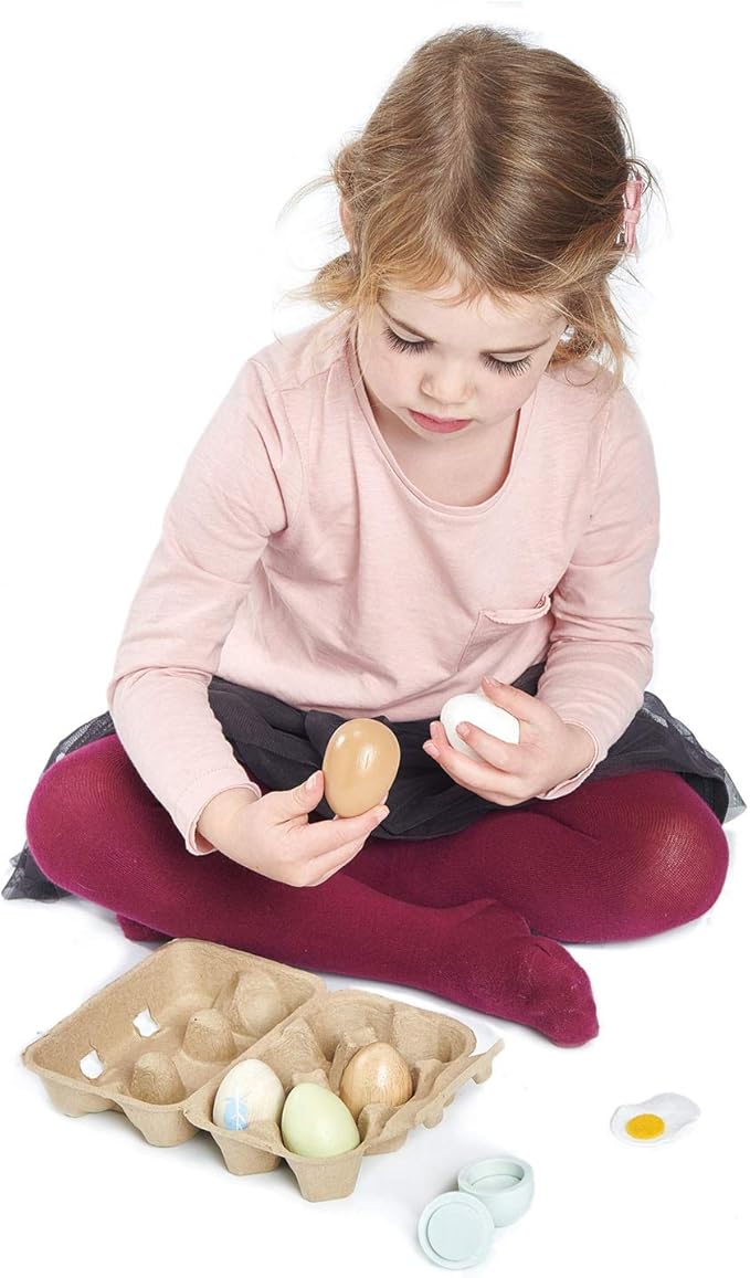 Tender Leaf Toys - Wooden Eggs - 6 Pieces Pretend Food Play Solid-Wood Eggs with Carton Box, Realistic Easter Egg Toy - Shopping Game Accessories for Children - Age 3+