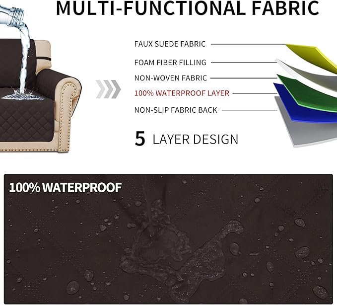 Easy-Going Sofa Slipcover Waterproof Sofa Cover Couch Cover for 4 Cushion Couch with Elastic Straps Washable Non-Slip Furniture Protector Cover for Pets, Dogs, Cat (XX-Large, Chocolate)