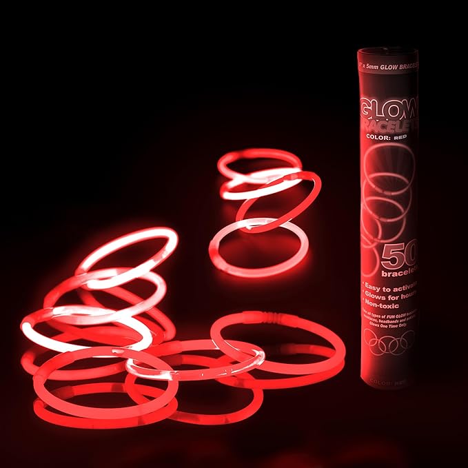 8" Glow Stick Bracelets - Bulk 50 Pack for Mardi Gras, St. Patrick's Day, and Nighttime Celebrations - Red