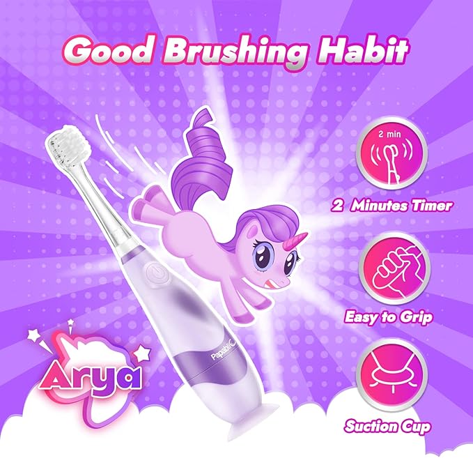 Papablic Toddler Sonic Electric Toothbrush for Ages 1-3 Years, Baby Electric Toothbrush with Cute Unicorn Cover and Smart LED Timer, 4 Brush Heads (Arya)