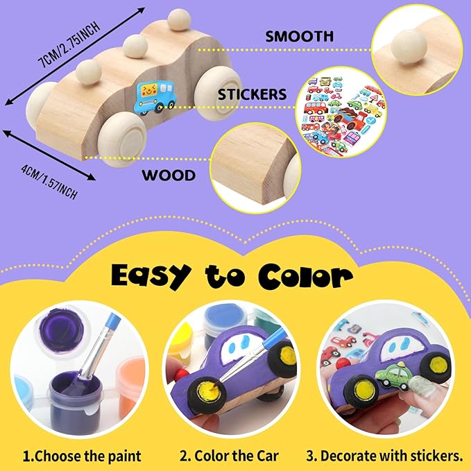 Wooden Cars,Come with 18 Pcs Unfinished Wooden Cars to Paint for Kids and 1set Paint Colors, 2 pcs Wooden Car Sticker