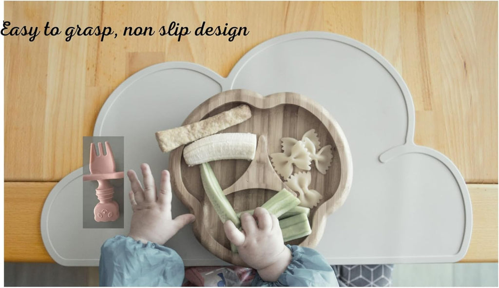 Baby Spoons and forks set, Silicone, Self Feeding pack of 2, Toddler spoon and fork set, Baby Led Weaning Supplies, First Stage Baby Essentials, Safe To Use, Gentle Teethers- (Earthy colors)