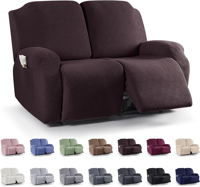 KinCam Recliner Covers, Stretch Reclining Chair Covers, Recliner Sofa Slipcovers Stripe Jacquard Recliner Couch Covers Furniture Protector Covers for Pet Kid (2 Seater, Chocolate)