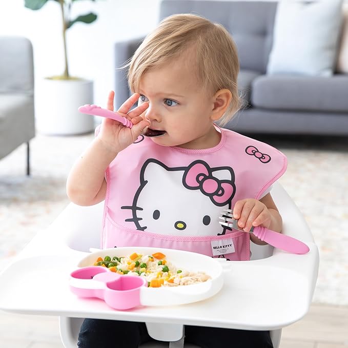 Bumkins Toddler and Baby Suction Plate, Silicone Grip Dish, Baby Led Weaning, Kids Feeding Supplies, Non Skid Sticky Bottom, Platinum Silicone, for Children Ages 6 Months Up, Hello Kitty