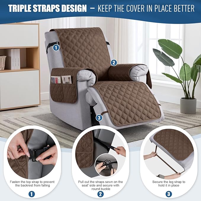TAOCOCO 100% Waterproof Recliner Covers, Recliner Sofa Covers with Leg Straps, Reversible Recliner Couch Cover for Reclining Chair, Washable Couch Protector for Pets Kids(1 Seater 28", Brown)