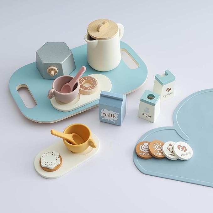 EERKEOD Tea Party Set for Kids Wooden Tea Sets for Toddler Girl Toys Pretend Play for Little Girls Kitchen Play Food Accessories Sets Wooden Educational Toys Gifts with Silicone
