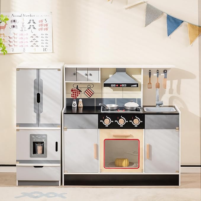 HONEY JOY Kids Kitchen Playset, 2-Piece Modular Wooden Play Kitchen for Toddlers & Refrigerator with Ice Maker, Range Hood, Oven, Little Chef Pretend Toy Kitchen Set with Light & Sound, Gray