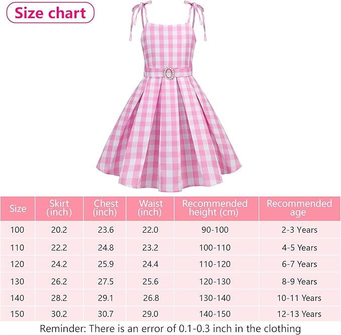 Girls Pink Costume Dress Movie Heroine Cosplay Outfit Gingham Dress for Kids Party Birthday Dress Up