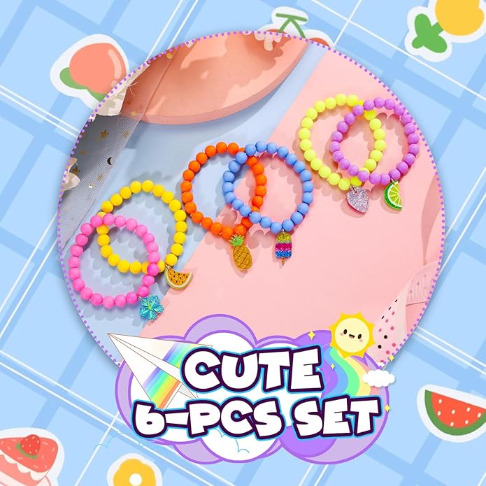 PinkSheep Unicorn Beads Pendant Bracelet for Kid Girl, 6PC, Rainbow Monster Sun Flower Heart Meteor Charm Friendship Bracelet Good Friend Gift