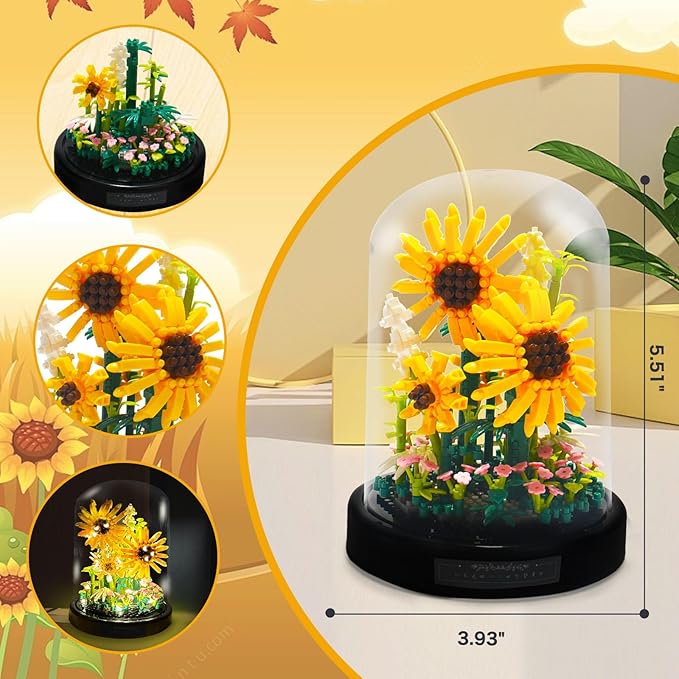 Topdear Sunflwer Building Block with LED String Light and Dust Cover, Flower Bouquet Building Set Gifts for Mothers Day, Valentines Day, Birthday, Anniversary, Christmas