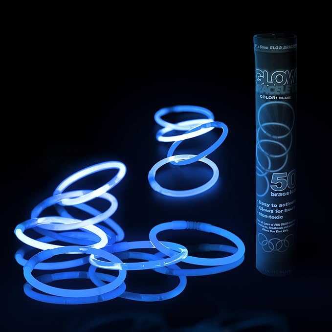 8" Glow Stick Bracelets - Bulk 50 Pack for Mardi Gras, St. Patrick's Day, and Nighttime Celebrations - Blue