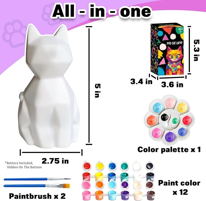 FUNZBO 4.3in Paint Your Own Cat Lamp Kit - Arts and Crafts Supplies Kitten Painting Kits for Kids Teens, DIY Night Light Toy for Toddler Girl Boy Ages 3 4 5 6 7 8 9 10 11 12 13+ Birthday Easter Gift