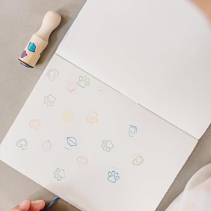 Melissa & Doug Happy Handles Wooden Stamp Set: 6 Stamps and 6-Color Stamp Pad - Kids Stamp Packs With Washable Ink, Easy To Hold Stampers For Kids Ages 4+