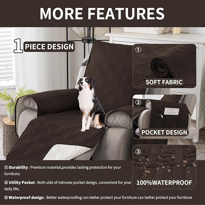 Easehomey 100% Waterproof Recliner Chair Covers, Non Slip Dog Chair Cover Furniture Protector Washable Chair Cover with Pocket, Elastic Straps for Kids,Pets,Dogs (Chocolate, 23.6")