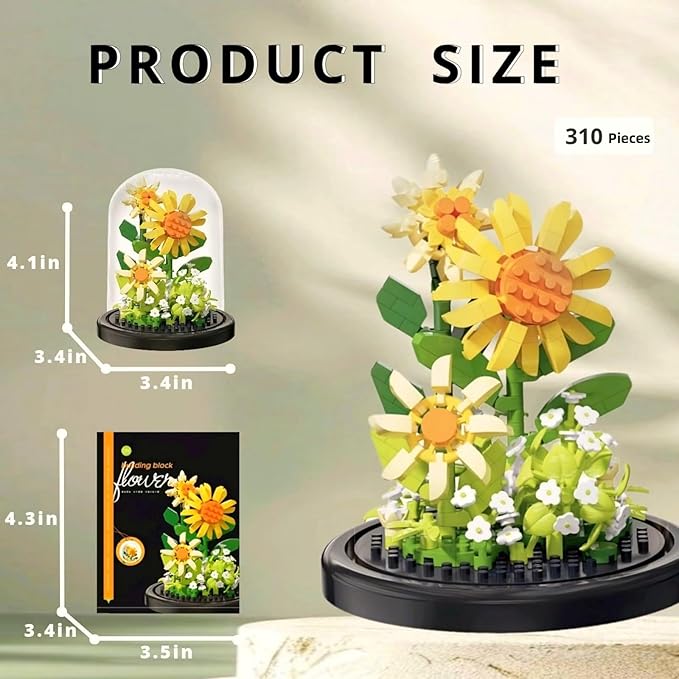 Sunflower Flowers Micro Bricks Building Set with Dust Cover,Artificial Flowers Botanical Collection for Home Decor, Creative Gifts for Adults Women Boys Girls,310 Pieces