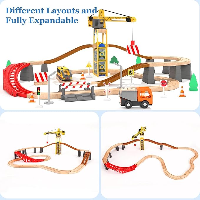 Giant bean 72PCS Tower Crane Wooden Train Set, Battery Operated Electric Train Track for Boys and Girls 3-7, Christmas Birthday Toy Gift