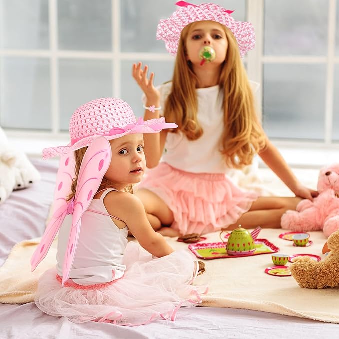 Zhanmai 4 Pcs Christmas Girl Tea Party Hats Straw Hat for Girls Sun Dress up Hats for Kids Toddlers with 4 Pcs Pearl Bracelets for Children Costume Birthday Party Supplies Christmas Beach Travel Gifts