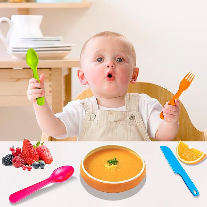 Jawbush 12Pcs Kids Cutlery Set, Plastic Toddler Utensils Forks and Spoons with Serrated Nylon Knives for School Lunch Box or Travel with Bright Colors, Reusable Kids Silverware Set also for Adults