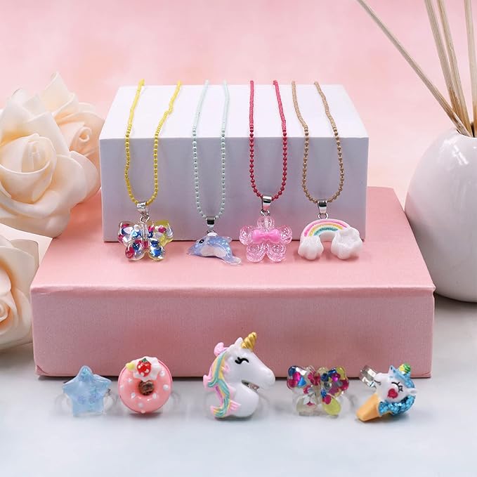 SOTOGO 24 Pieces Girls Necklaces and Rings Set Colorful Gift Party Favors Friendship Pretend Dress up Play Jewelry for Kids Child Toddler, Cute Style