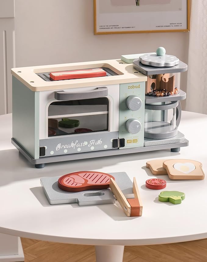 ROBUD Toddler Kitchen Playset - Wooden Breakfast Set with Coffee Maker, Toaster, Griddle, Play Food - Realistic Pretend Play Appliance and Accessories for Kids Ages 3+ Boys and Girls (Mint Green)