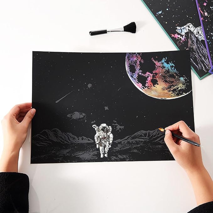 Space Series Scratch & Engraving Art Paper Kit (16"x11.2") for Kids & Adults - Rainbow Sketch Cosmos Astronaut Starry Sky Painting Painting Scratchboard- 3 Pack with 5 Tools: Drawing Pens, Clean Brush