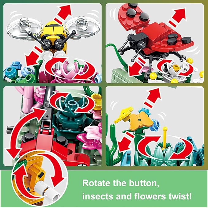 Toy Building Block, Insect Flowers Collection 4 in 1 Model Kit Bricks, Creative Insects Building Block Sets, Hobbies Christmas Birthday Gift for Nature Lovers Adult Kids Boys Girls 8+