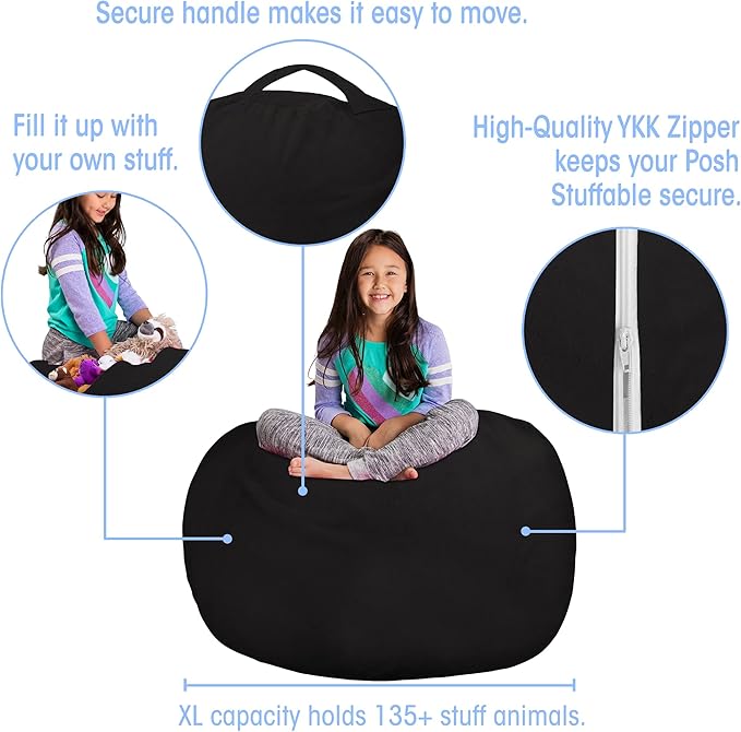 Posh Creations Stuffable Kids Stuffed Animal Storage Bean Bag Chair Cover - Childrens Toy Organizer, X-Large 48" - Soft Faux Rabbit Fur Black
