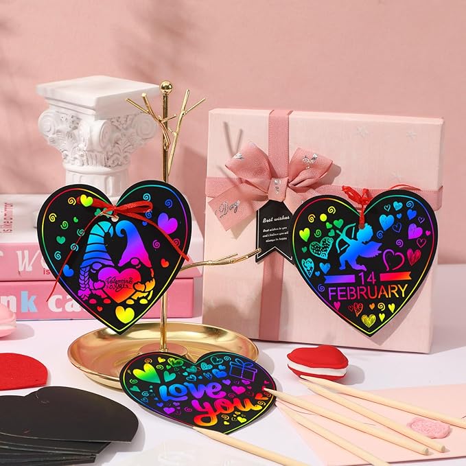 JULMELON Valentines Crafts for Kids, 48 PCS Heart Rainbow Scratch Art Valentines Day Cards for Kids Classroom Scratch Paper Art for Valentines Day Gifts Party Favors with 8 Pcs Valentines Day Stencils