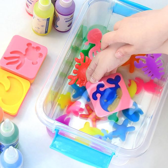 MINISENTIALS Magic Water Elf Toy Kit - 10 Colors Aqua Art Gel 100ml Jumbo Size Famliy Set - 10 Sea Creature Molds Magic Fairy Squishy Maker - Party Favor Birthday Christmas Gift for Kids