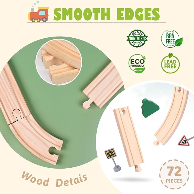 Wdmiya Wooden Train Set for Toddlers, 72 Pcs Wooden Train Track for Kids, Train Toy with Bridge and Tracks (Fits Thomas & Brio), Christmas Birthday Trains Gift for 2 3 4 5 6 7 8 Years Old
