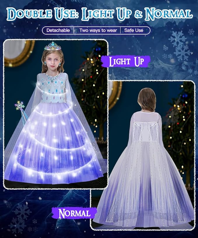 TOLOYE Princess Dresses for Girls, Light Up Elsa Anna Frozen Dress Up with Accessories for Birthday Halloween Carnival