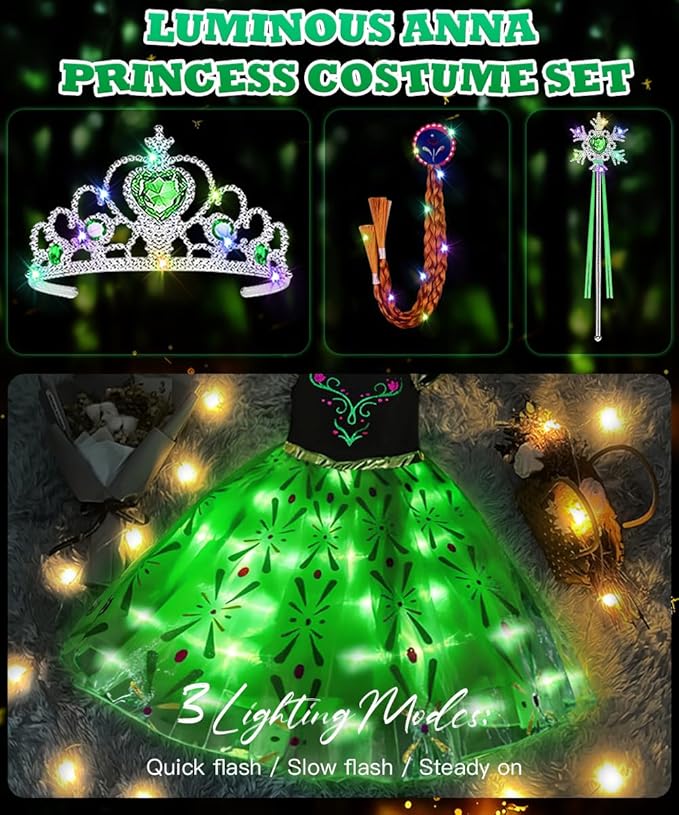 TOLOYE Princess Dresses for Girls, Light Up Elsa Anna Frozen Dress Up with Accessories for Birthday Halloween Carnival