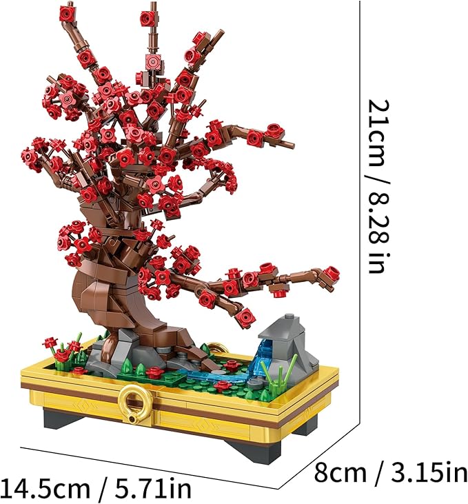 Plum Blossom Bonsai Tree Building Set, Small Building Blocks Set, for Kids Adults Chinese Flower Blocks Sets Home Office Decor for Adults Gift for Kids Age 6+,Red,483 Pieces 63004