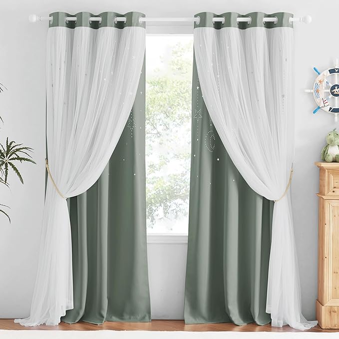 NICETOWN Nrsery Curtains for Girls Bedroom Nursery Room Darkening Curtains Star Moon Cutout Princess Room Decor for Daughter Bedroom Window, 52" Wide x 84" Long, 2 Panels, Sage Green
