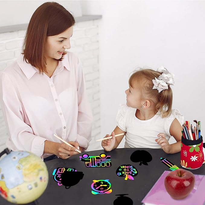 WATINC 60pcs Back to School Scratch Art for Kids, Paper Scratch Off Cards Craft Kit, Pencil Bus Bag Magic Color Bookmarks Party Favors, School Classroom Appreciation Activity DIY Project