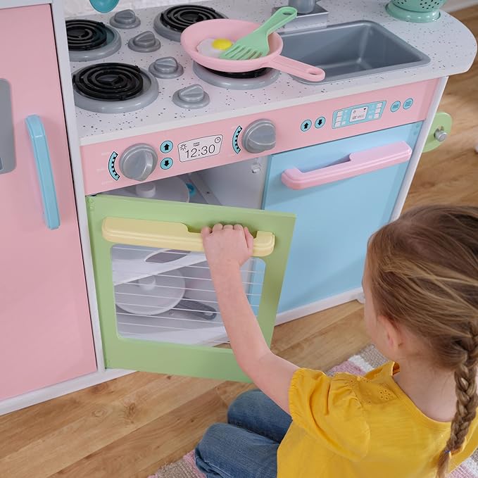 KidKraft Uptown Pastel Wooden Play Kitchen with Chalkboard, Play Phone, and See-Through Doors, Gift for Ages 3+