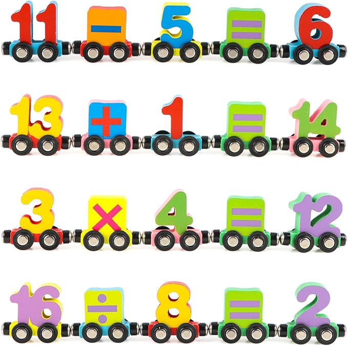Wondertoys 27 PCS Wooden Train Set Toy Wooden Magnetic Number Train Set Includes 1 Engine Cars for Toddlers Boys and Girls, Compatible with Major Brands Train Set Tracks