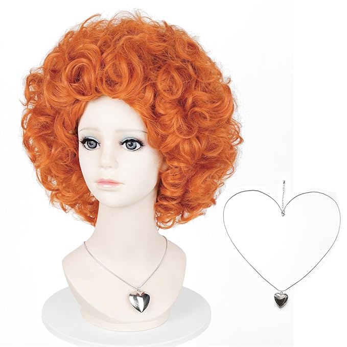 Probeauty Short Curly Orange Wig for Kids, Reddish Afro Wig with Heart Necklace for Child Halloween Costume Party