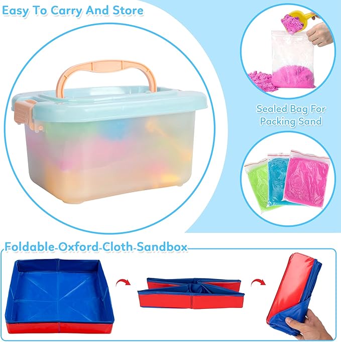 ThinkMax Sand Kit for Kids, 3lbs Sand, 6 Mini Construction Trucks, Construction Toys and Signs, Castle Sand Molds Tools, Foldable Box and Storage Bin Tote, 43PCS Sand Set for Boys Grils