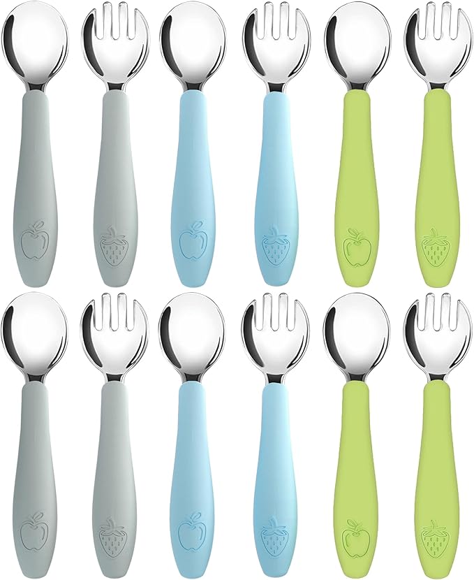 CHILLOUT LIFE Toddler Utensils, Kids Silverware with Silicone Handle, Stainless Steel Metal Toddler Forks and Spoons Safe Baby Cutlery Set for Self Feeding BPA Free Dishwasher Safe - 12 Piece