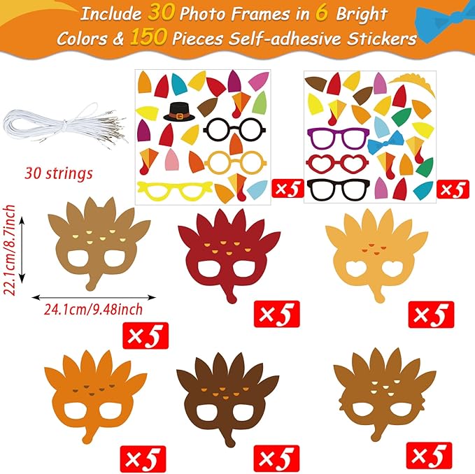 chiazllta 30 Packs Thanksgiving Turkey Masks Craft for Kindergarten Kids, Thanksgiving Art Craft Kit DIY Paper Masks for Preschool Home Classroom Game Activities Party Favors
